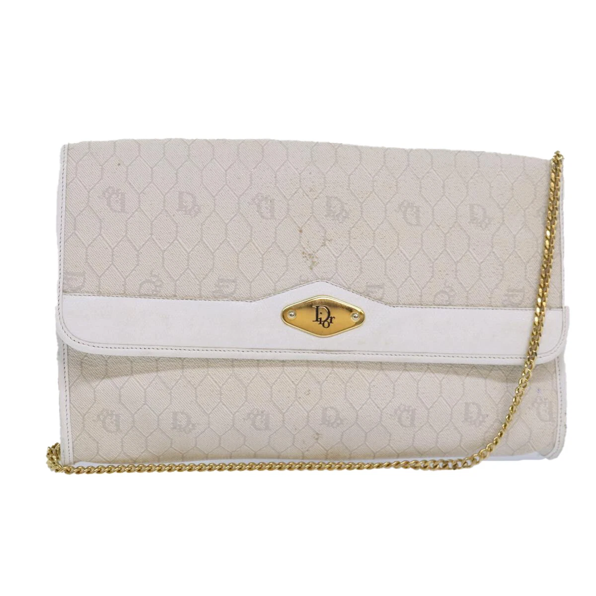 Christian Dior sac à bandoulière chaîne toile nid d'abeille PVC cuir blanc authentique 81608