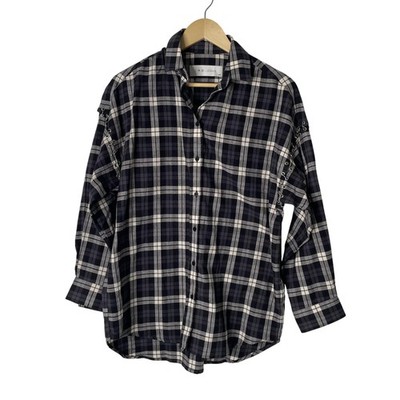 IRO Shirt Womens XS Black White Plaid Peline Lace Up Grommet Button Down Collar