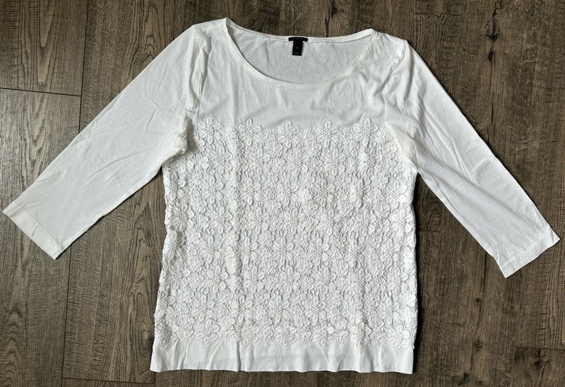 J Crew Lace Top Womens S white Layered 3/4 Sleeve T-Shirt Cotton