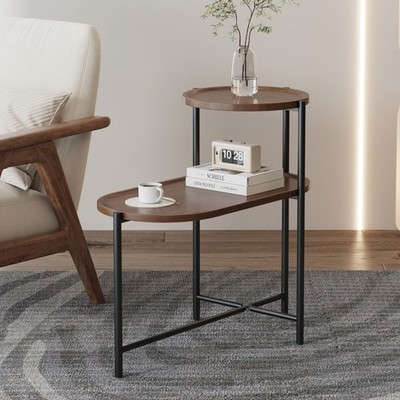 Small Coffee Tables 2-tier Modern Sofa Side Table with Wood Storage Shelf Brown
