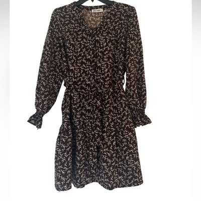Grace Karin Brown White Patterned Long Sleeve Dress Leaf Print Tie Pockets - S