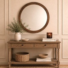 Round Solid Mango Wood Wall Mirror Dark Oak Wooden Framed Hanging Accent Mirror