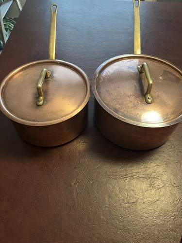 Vintage French Copper & Brass Saucepan Cookware with Lid