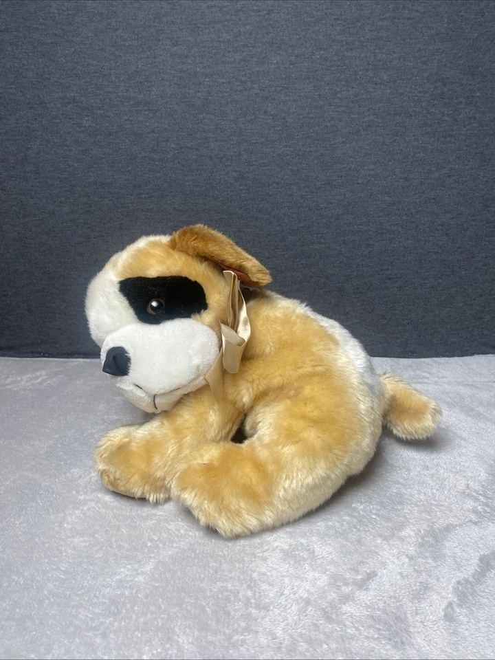 Vintage St Bernard Dog Plush Puppy Satin Bow Sitting 13” Head Turned Toy Lovey - Image 2 of 4