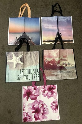 Lot of 5 Burlington Reusable Recyclable Tote Bags-Coastal, Travel, Floral