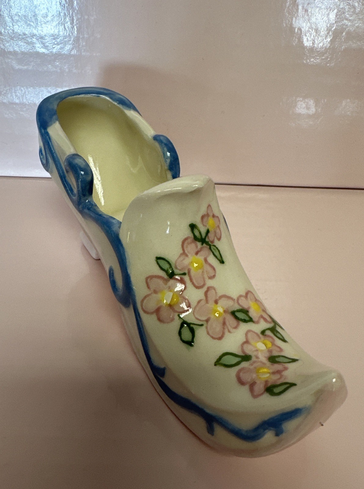 SAOLA Scarpa pantofola ceramica porcellana blu floreale vintage 6” articolo da collezione suola rosa