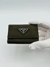 Prada Wallet Olive Green Nylon Leather Trifold Key Holder" Italy