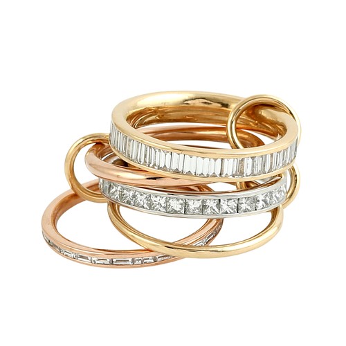 18K Gold Multi-Tone Stacking Rings Linked Band Diamond Accent Modern Design - Picture 4 of 7