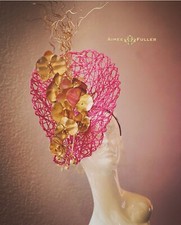 Kentucky Derby Hat Royal Ascot Fascinator Gold Floral Orchids Hot Pink Fuchsia