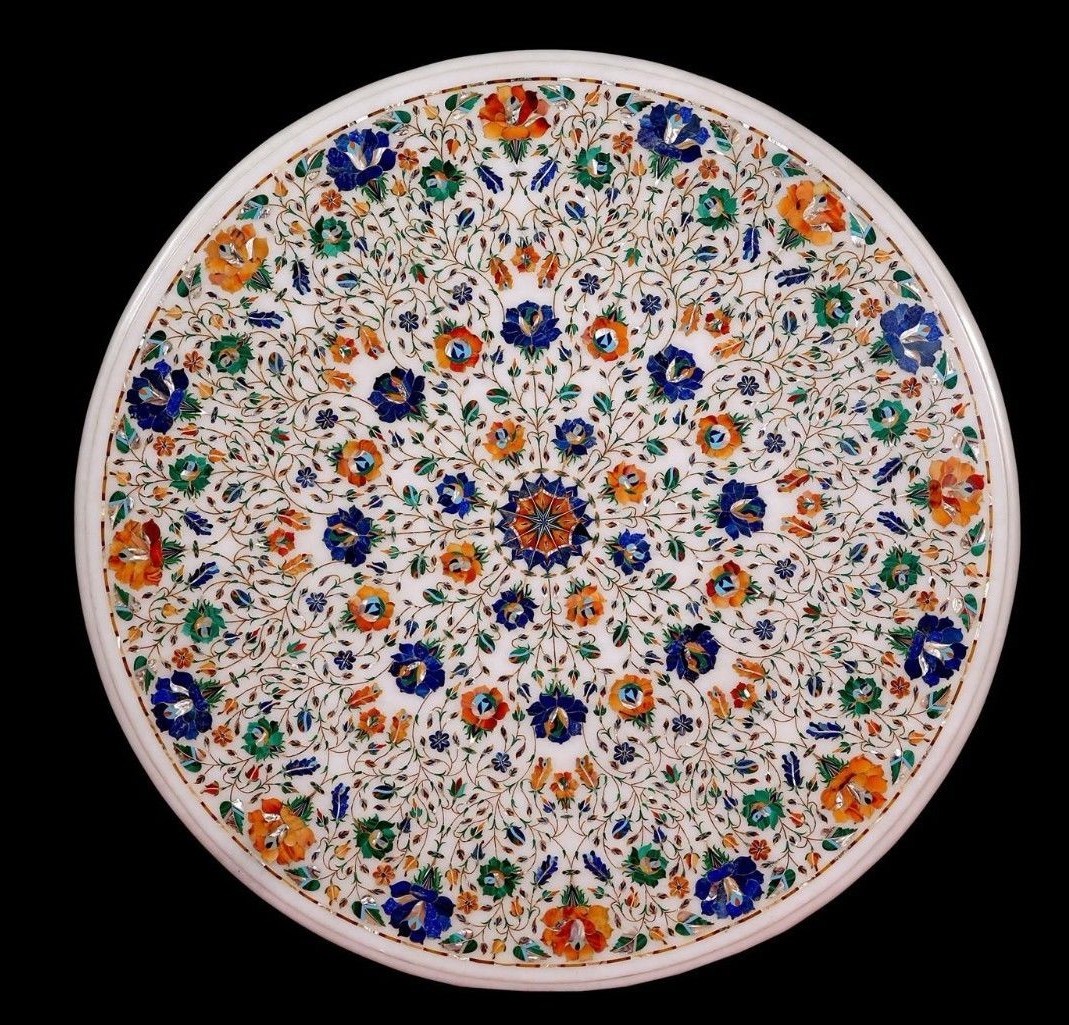 36-inch Handmade Marble Table Top with Lapis & Carnelian Semi-Precious Stone Home Decor
