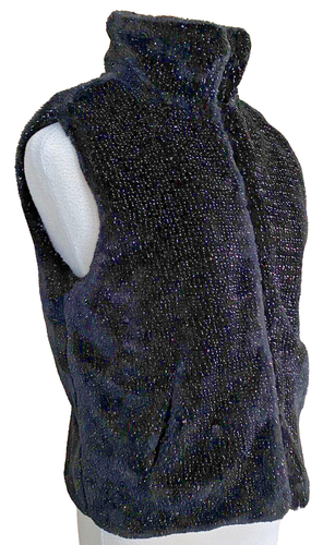 Betsy Johnson Faux Fur Vest Black Silver Metallic Glittery Pockets Lined Sz M - Picture 5 of 10