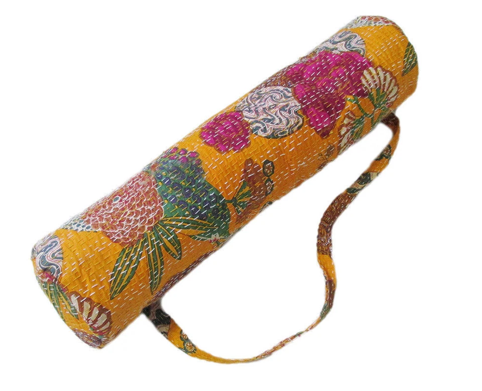 Cotton Yoga Bag Kantha Fruit Printed Yoga Mat Carrier Bags With Shoulder Strap @ - Image 3 of 4
