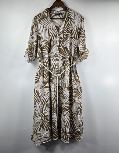 Mlle Gabrielle Women's Size XL Brown White Full Button Up Dress NWT