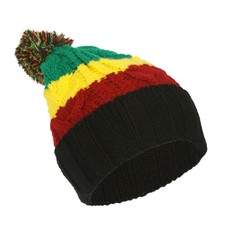 Top Headwear Rasta Color Block Crochet Knit Pom Cuff Beanie