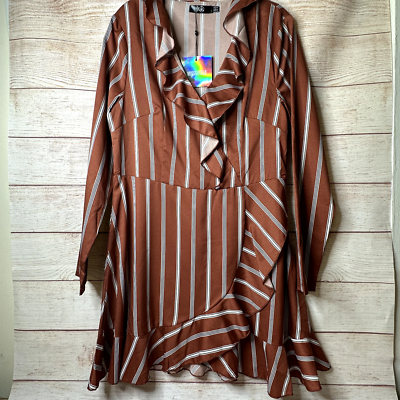 Missguided Brown Stripe Long Sleeve Mini Ruffle Tulip Hem Tea Dress Women's  10 | eBay