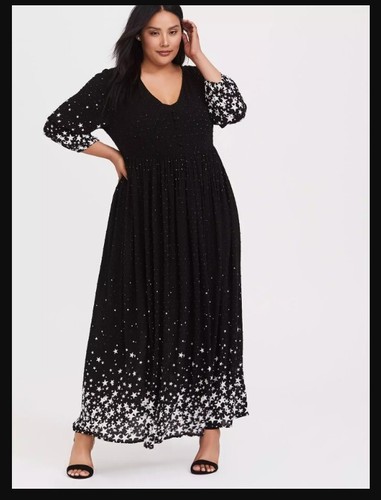 Torrid Black White Clip Dot Maxi Balloon Sleeve Star Print Dress 3 3X 22/24