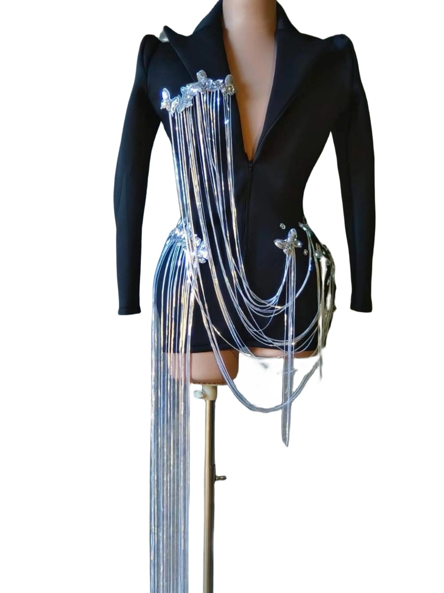 Women Fringe Chain Blazer Long Sleeve Coat Dancer Singer Costume 