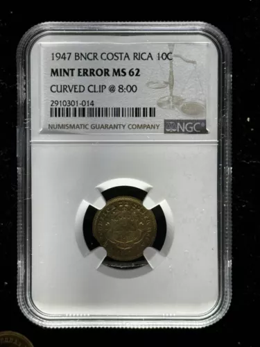 Costa Rica Mint Error 10 Centimos 1947 MS62 NGC