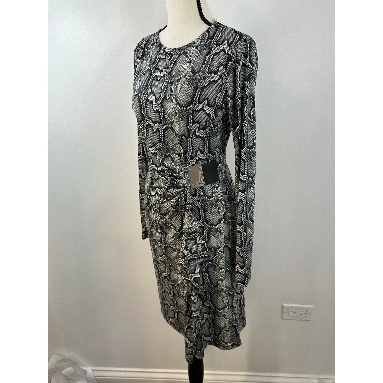 Abito Michael Kors stampa serpente manica lunga tubino dettaglio fibbia taglia S