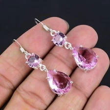 Pink Kunzite 925 Sterling Silver Gemstone Handmad Stylish Earring Jewelry 2"