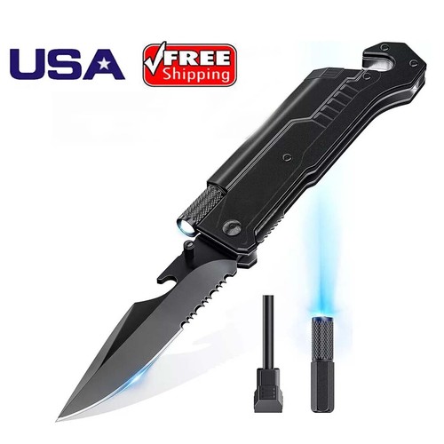 EDC Tactical Folding Knife - Spring Assisted Open, LED Light, Survival Multitool
