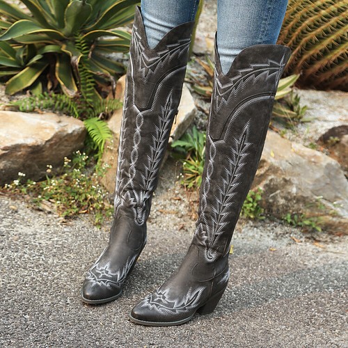 Womens Chic Pointy Toe Block Heel Embroidery Over Knee Western Boots Shoes - Picture 9 of 15