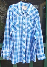 Vintage Wrangler Western Blue White Plaid Long Sleeve X-Long Tails 17 1/2 x 36