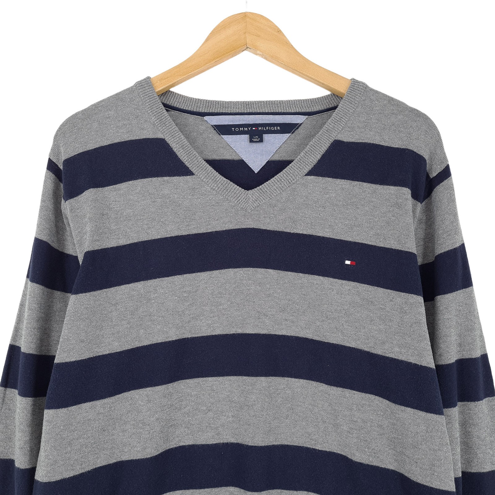 Tommy Hilfiger Mens Pullover Sweater Grey Cotton Striped Classic Sl0 Size L thumbnail 2