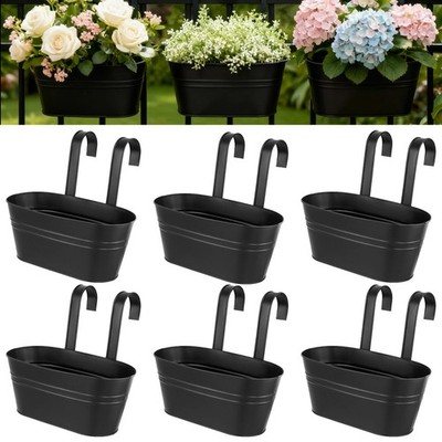 6 Pack 11 Inch Railing Planter for Outdoor Plants, Metal Hanging Flower Bucke...