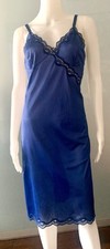 Vintage 60s Blue Nylon Lace Slip with Slit On The Side Size 38 Made In USA