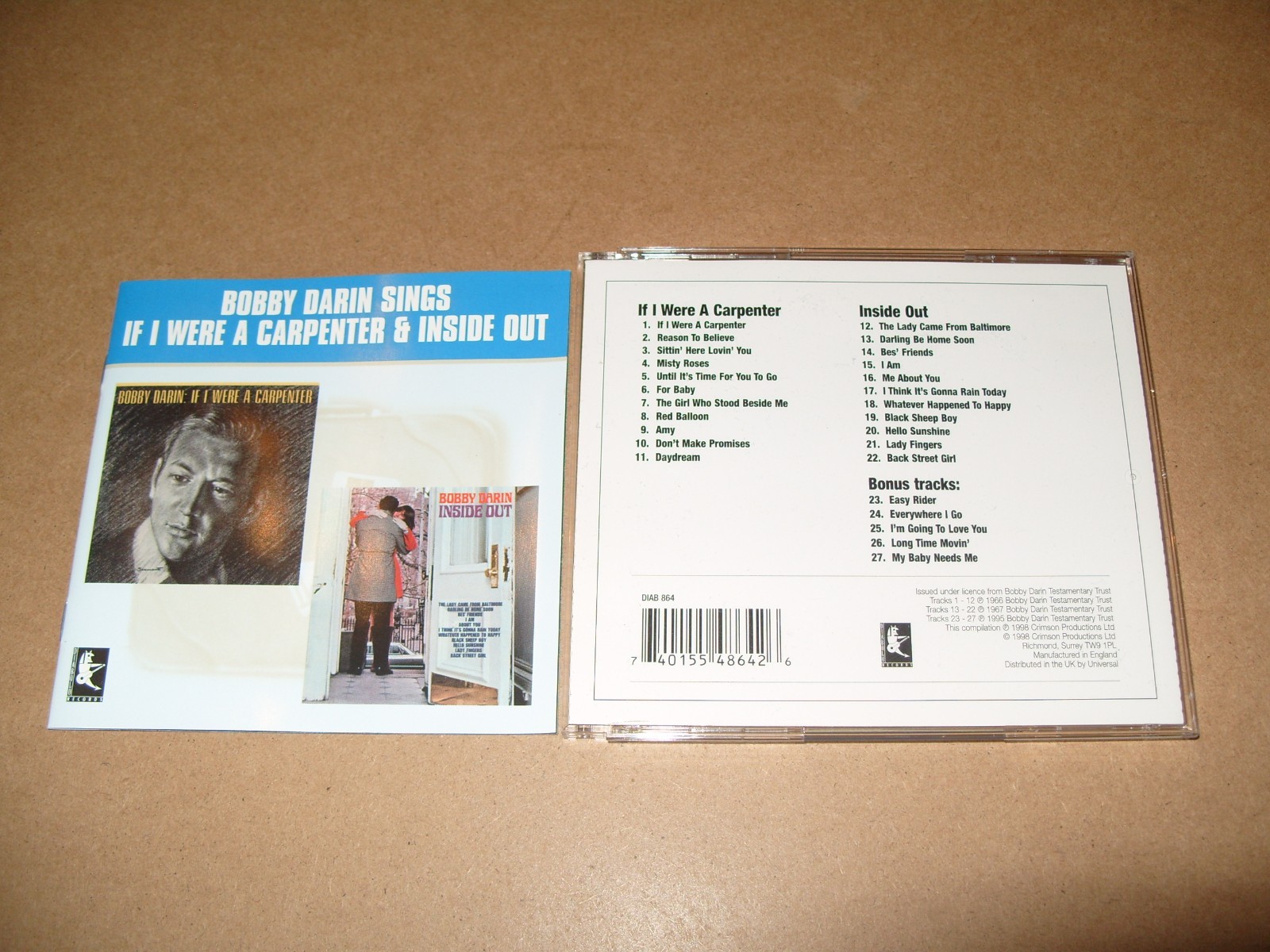 Bobby Darin - If I Were a Carpenter/Inside Out (1998) CD EX/NM / INLAYS EX. (C20