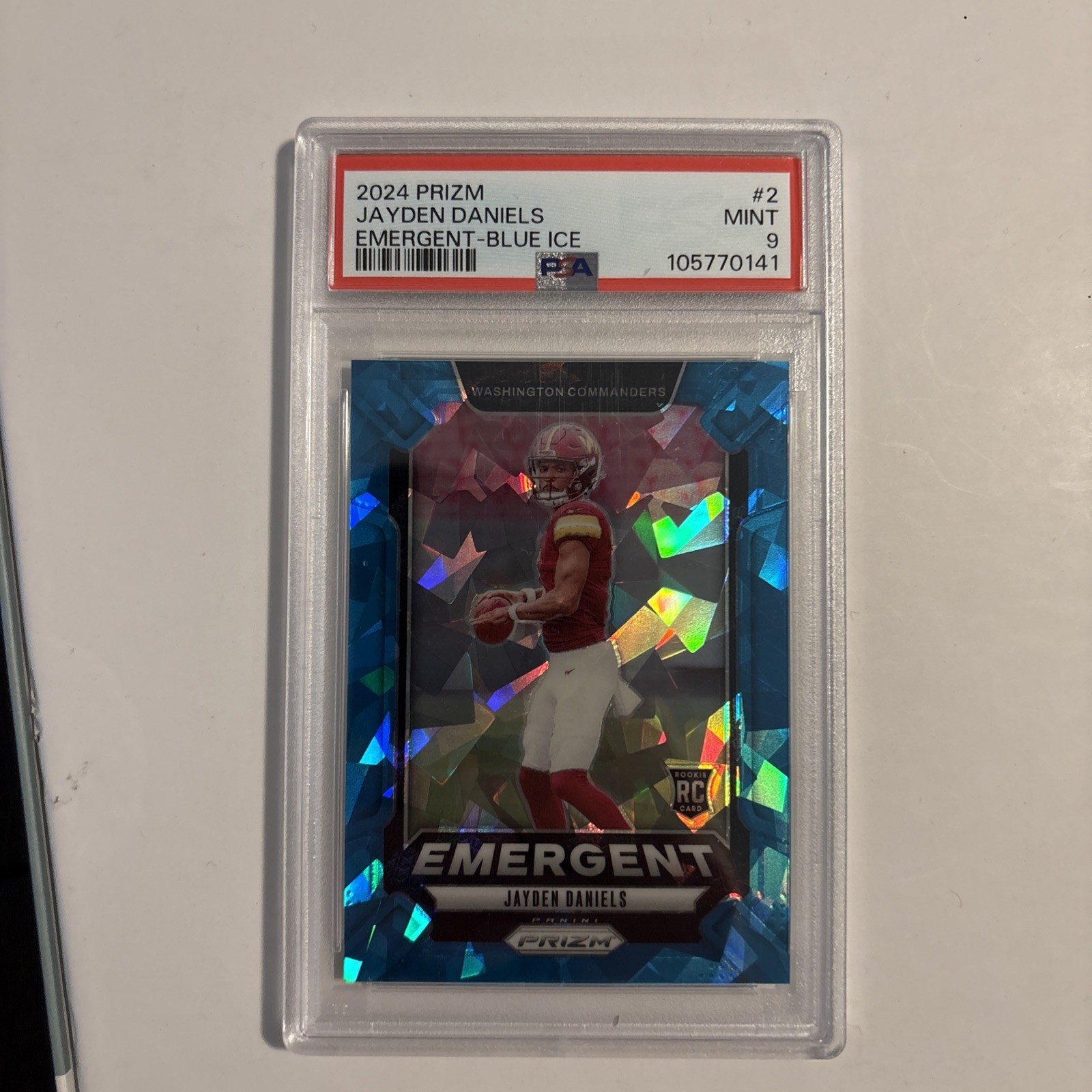 2024 Panini Prizm Jayden Daniels Emergent RC Blue Ice #63/99 Commanders PSA 9