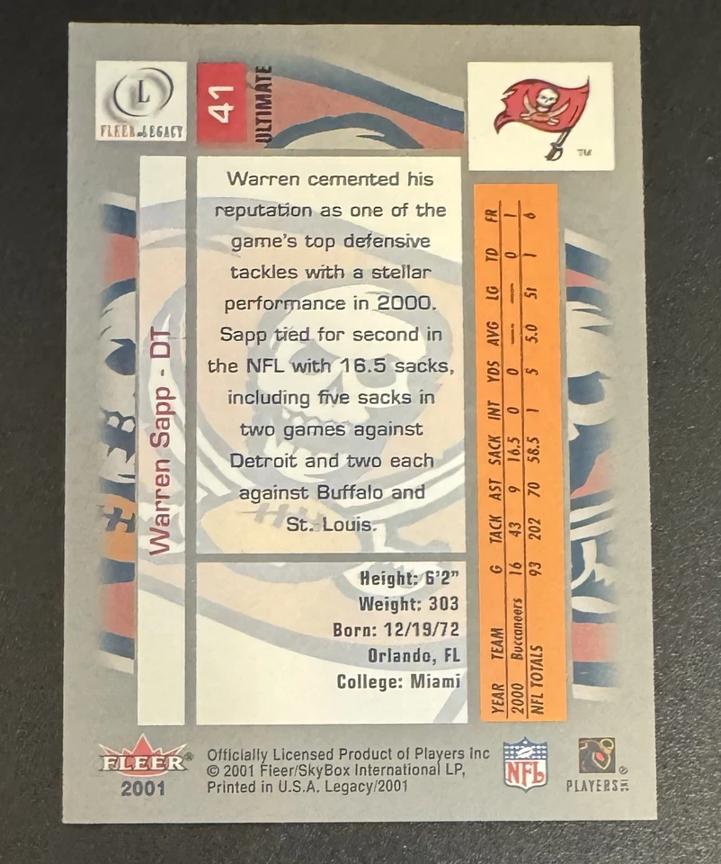 Warren Sapp 2001 Fleer Legacy Ultimate /250 #41 - Tampa Bay Buccaneers  - Image 2 of 4