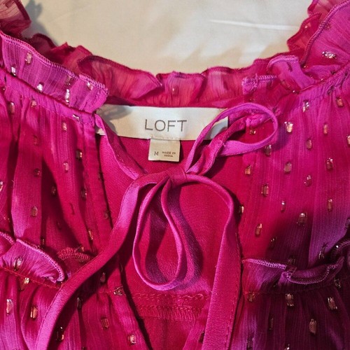 LOFT Floral Smocked Tie Neck Flutter Shell Blouse Top in Pink Size Medium - Picture 6 of 9