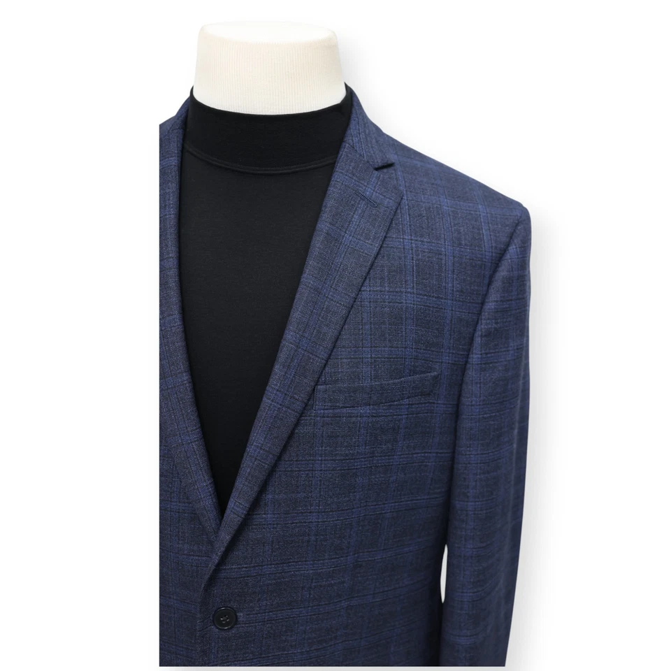 VAN HEUSEN mens blue plaid sport coat suit jacket blazer SLIM FIT 44 R - Image 3 of 4