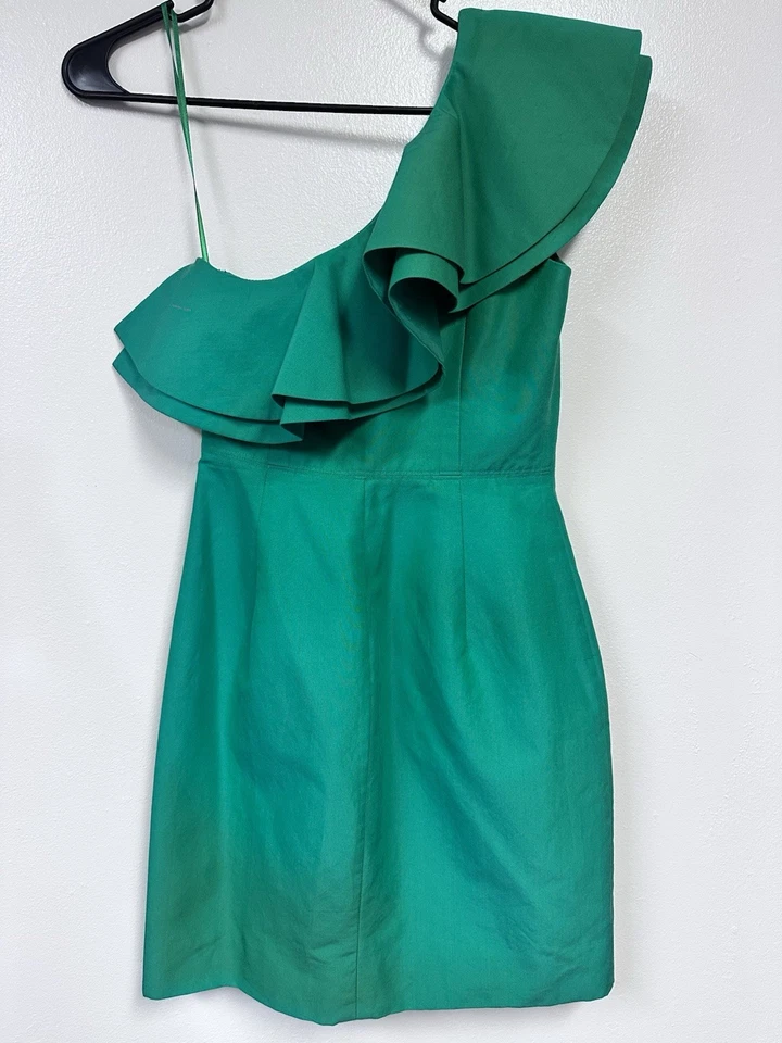 J. Crew Black Label Formal Green Cotton Silk One Shoulder Ruffle Mini Dress 00P - Image 4 of 4