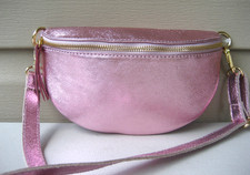 Italian Genuine Leather Fanny Pack Metallic Pink Crossbody Waist Bag NEW
