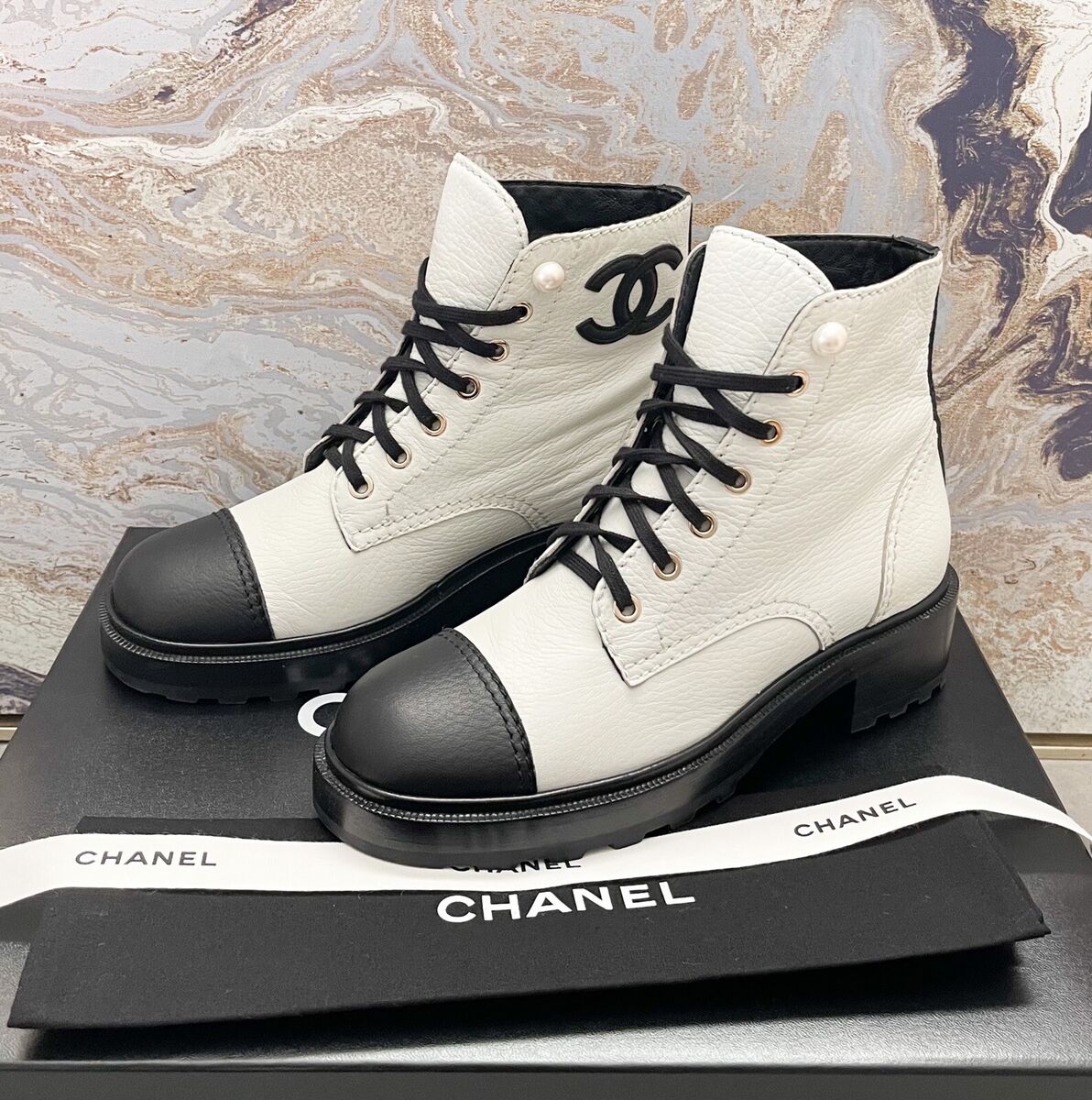 Chanel CC Logo Pearl Accents Calfskin Combat Ankle Boots