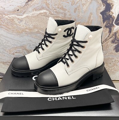 Chanel CC Logo Pearl Accents Calfskin Combat Ankle Boots | eBay Chanel CC Logo Pearl Accents Calfskin Combat Ankle Boots | eBay