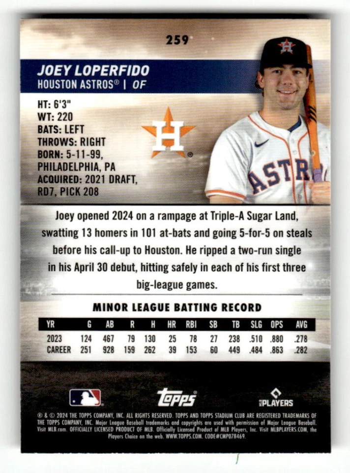 2024 Stadium Club Chrome Orange Refractor #259 Joey Loperfido RC 80/99 Astros - Image 2 of 2