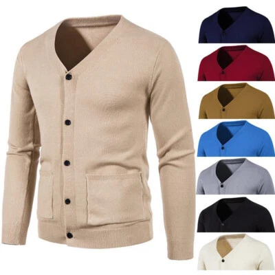 Solide Gestrickte Herren-Strickjacke Mit V-Ausschnitt Und Knöpfen Lässige ≌ - Bild 1 von 4