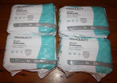 Lot of 4 Packs 20 Count TRANQUILITY ESSENTAL UNDERWEAR 34''-48'' Medium 80 Total