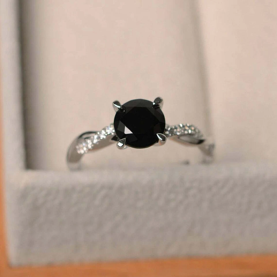 2 Ct Round Black Diamond Engagement Ring in Real 14K White Gold Solid Simulated - Image 3 of 4