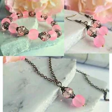 Minimalist Pink Gemstone Dangle Earrings Set with Stretch Bracelet and Chain