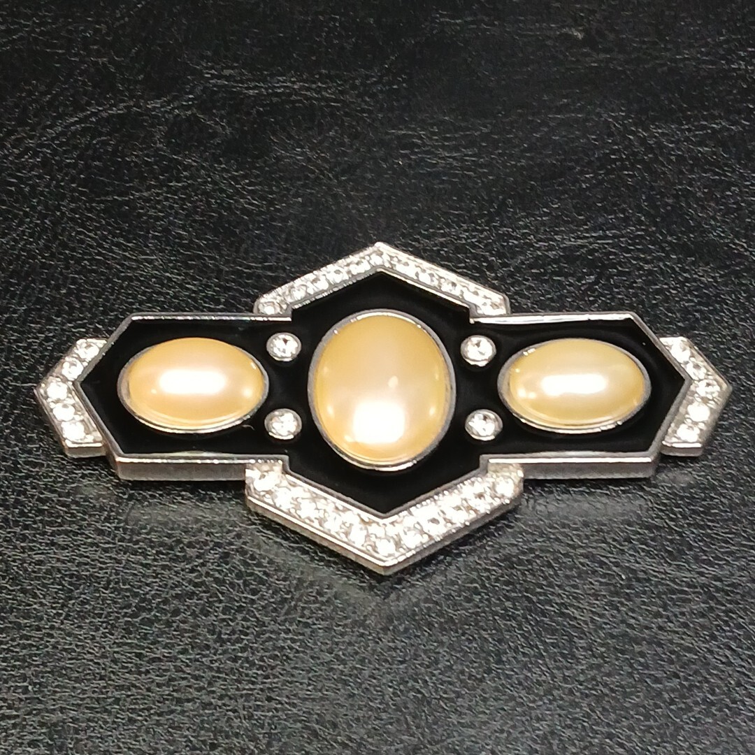 Vintage YSL Faux Pearl Cabochon Rhinestone & Black Enamel Brooch