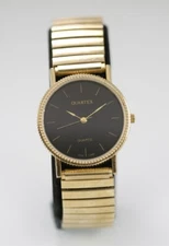 Quartex Men Watch Stainless Steel Gold Stretch Water Resist Battery Black Quartz
