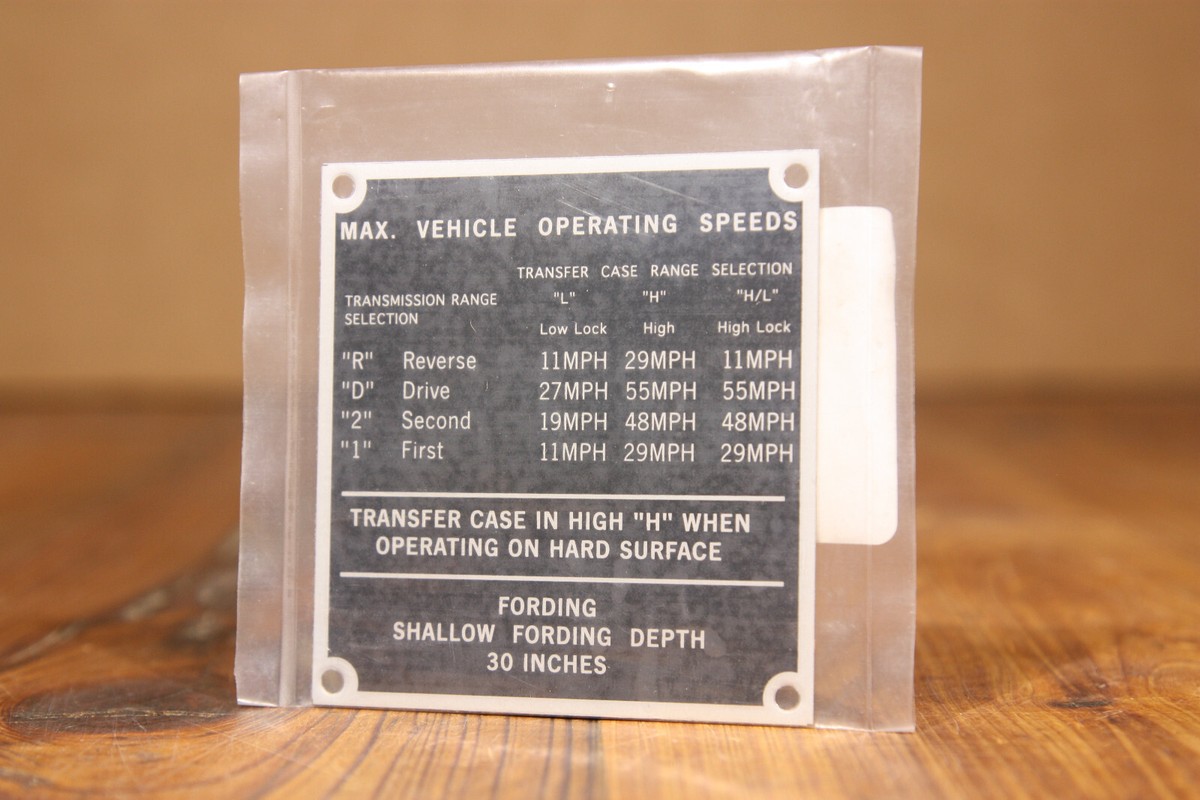 Speed Data Plate Decal HMMWV M998 HUMVEE Max Operating Speed NSN 
