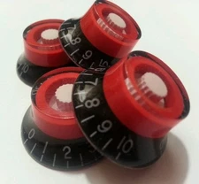 4 Guitar top hat volume / tone knobs. Black/Red/White.. JAT CUSTOM GUITAR PARTS