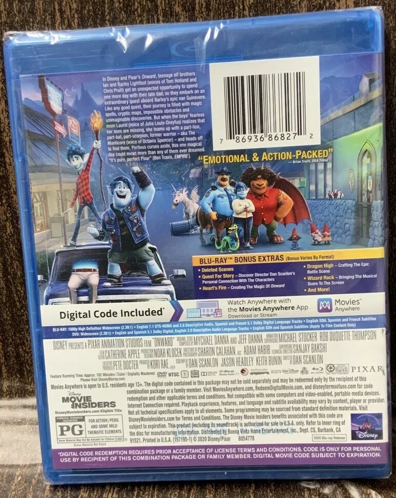 🧭 Onward (Blu Ray + DVD + Digital Code) Disney Pixar
