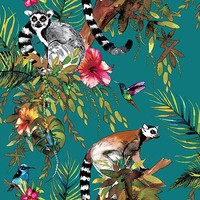 Exotisch Lemur Dschungel Blumen BläTter Kolibris Luxus Tapete - BlaugrüN 12402